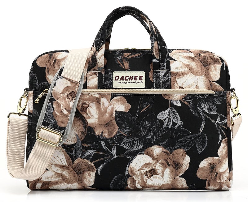 DACHEE Beige Rose Patten Waterproof Shoulder Messenger Bag Sleeve for 14 Inch 15 Inch Laptop Case Briefcase 15.6 Inch - Image 1